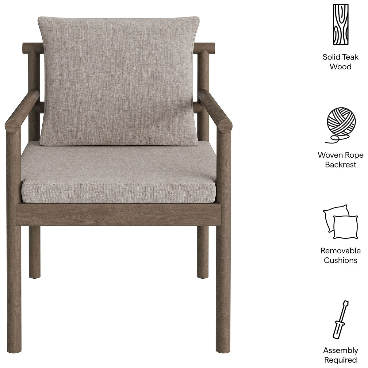 Front view of gray dining chair with icons noting solid teak, rope backrest, and removable cushions. || EEI-7561-WGR-PEB || callout_studio