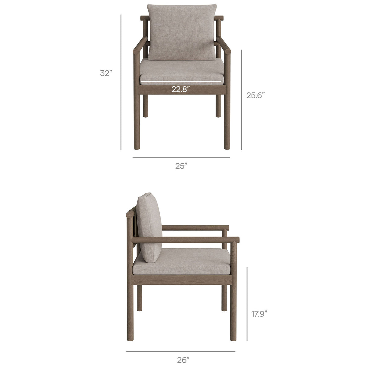 Gray outdoor dining chair with diagrammed measurements for height, width, and seat depth. || EEI-7561-WGR-PEB || dimension_studio