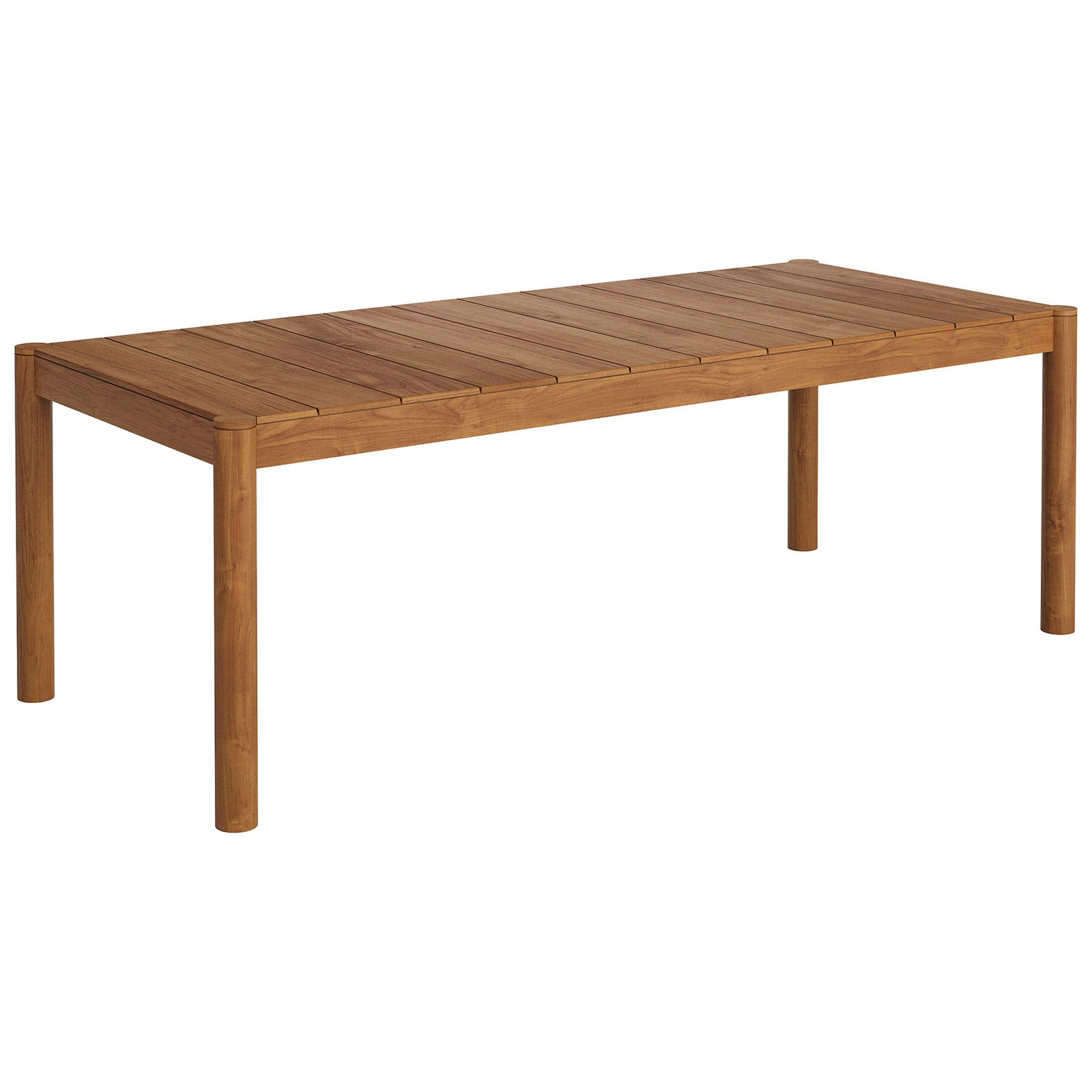 Rectangular natural teak patio dining table showcasing clean lines and smooth plank detailing || EEI-7562-NAT || front_angle_studio
