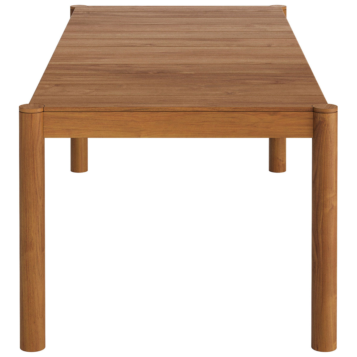 Eleni natural teak dining table with narrow end showing sturdy round legs and recessed apron || EEI-7562-NAT || side_studio