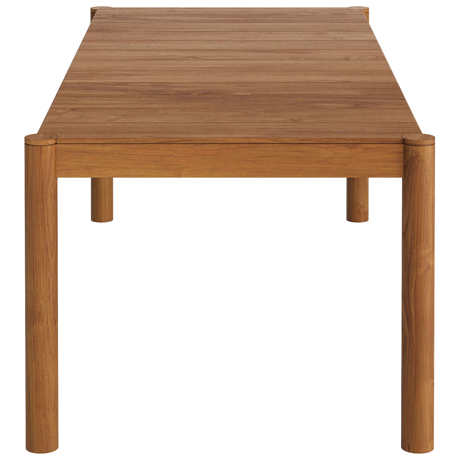 Eleni natural teak dining table with narrow end showing sturdy round legs and recessed apron || EEI-7562-NAT || side_studio