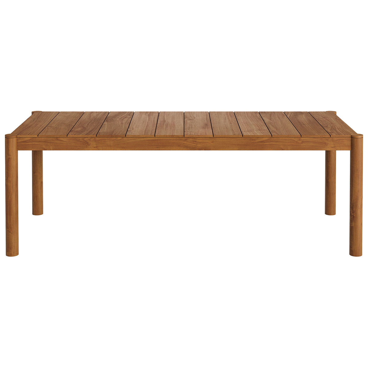 Eleni natural teak outdoor dining table with long slatted top and rounded corner posts || EEI-7562-NAT || front_studio