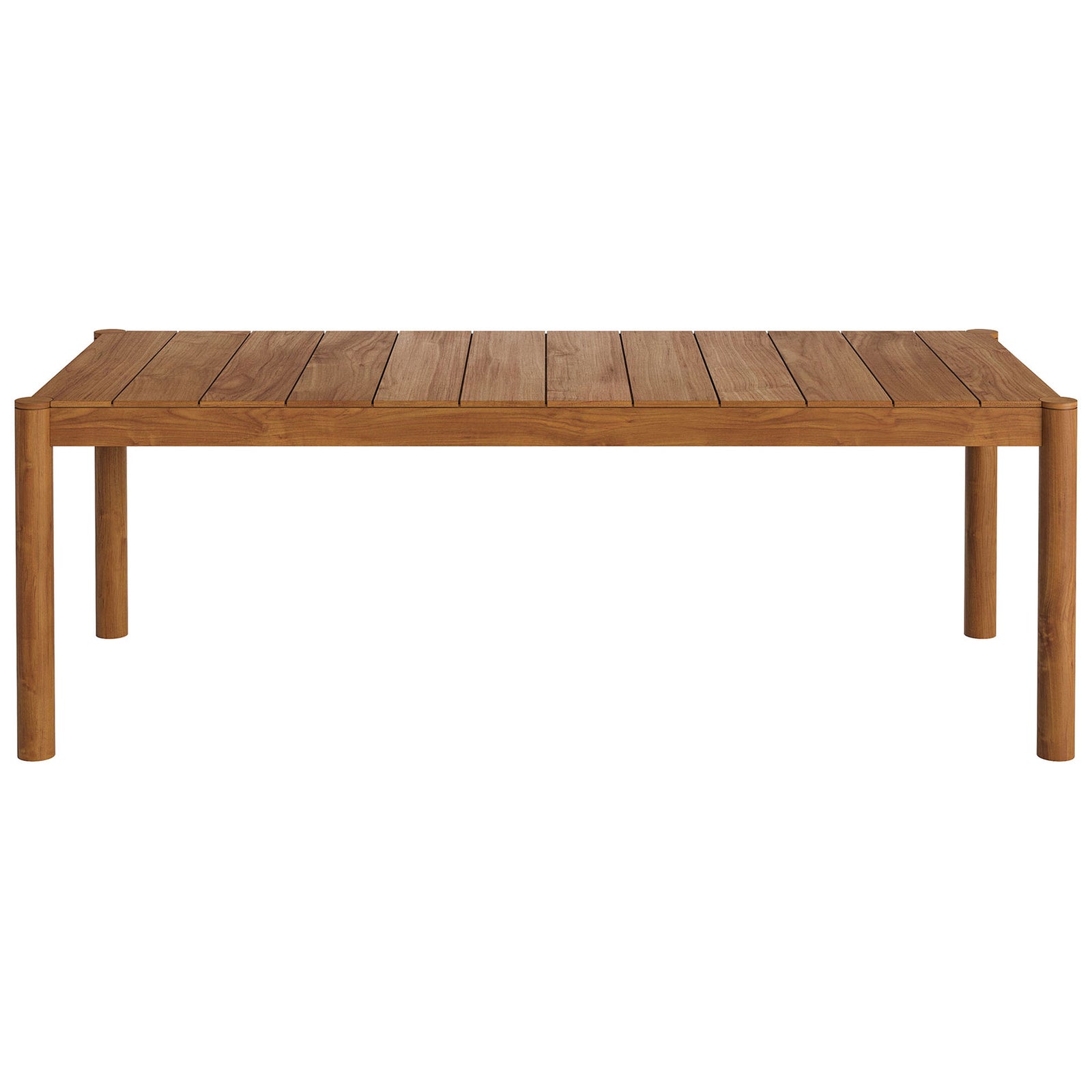 Eleni natural teak outdoor dining table with long slatted top and rounded corner posts || EEI-7562-NAT || front_studio