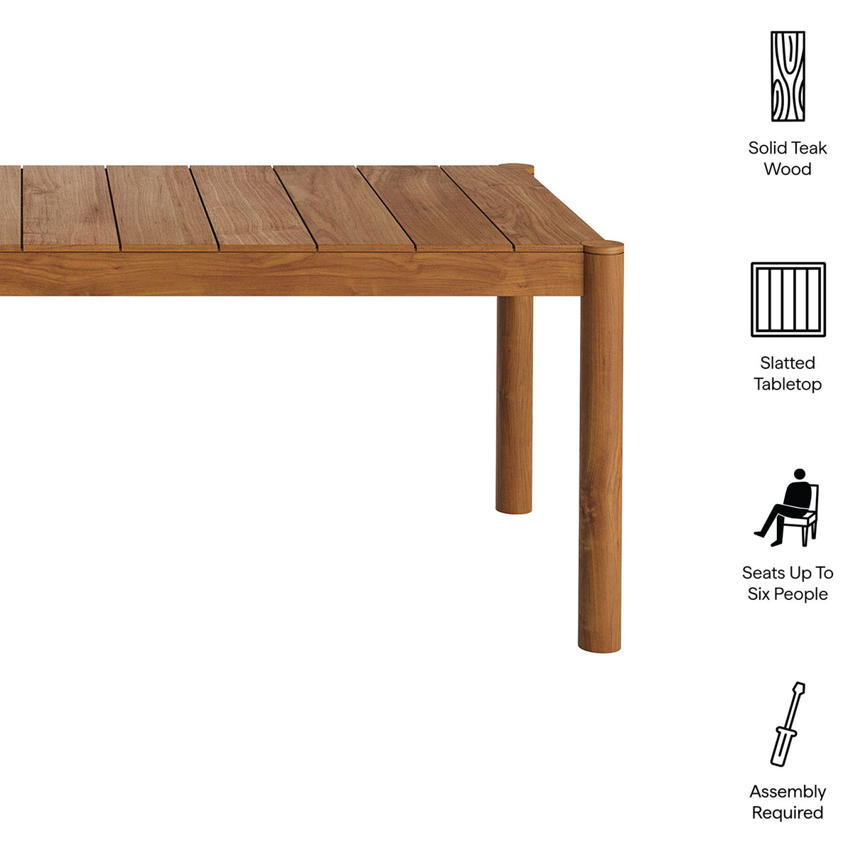 Key features of the Eleni natural teak dining table including solid wood build, slatted top, and seating for six || EEI-7562-NAT || callout_studio