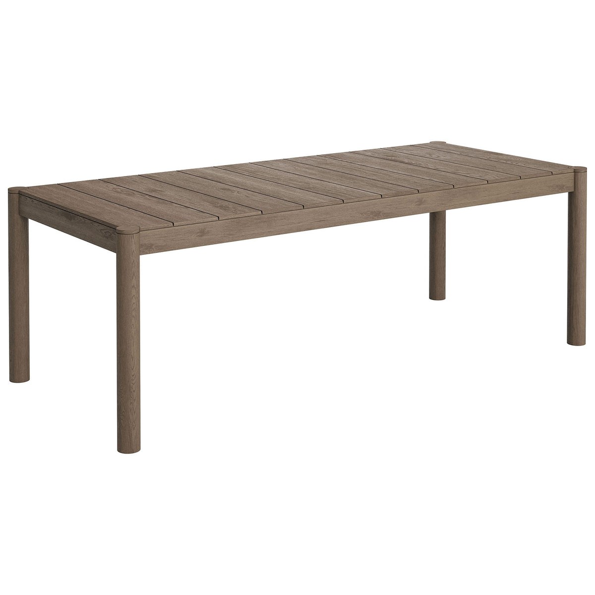 Rectangular weathered gray teak patio dining table offering relaxed coastal style and clean plank lines || EEI-7562-WGR || front_angle_studio