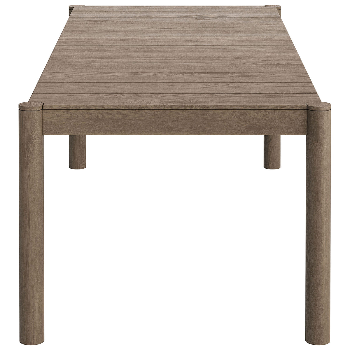 Eleni weathered gray teak dining table with narrow end emphasizing sturdy round legs and simple apron || EEI-7562-WGR || side_studio