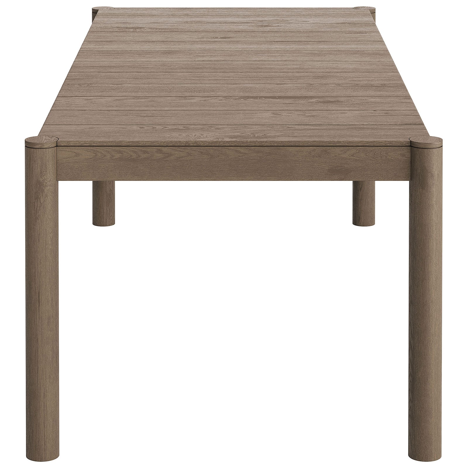 Eleni weathered gray teak dining table with narrow end emphasizing sturdy round legs and simple apron || EEI-7562-WGR || side_studio