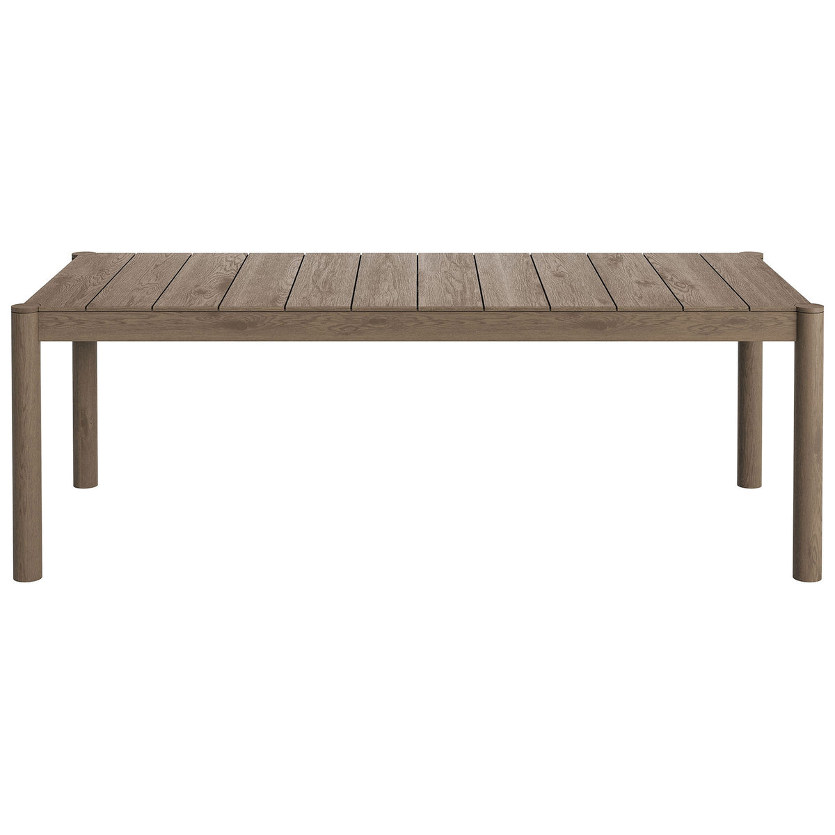 Eleni weathered gray teak outdoor dining table with elongated slatted top and softly rounded posts || EEI-7562-WGR || front_studio