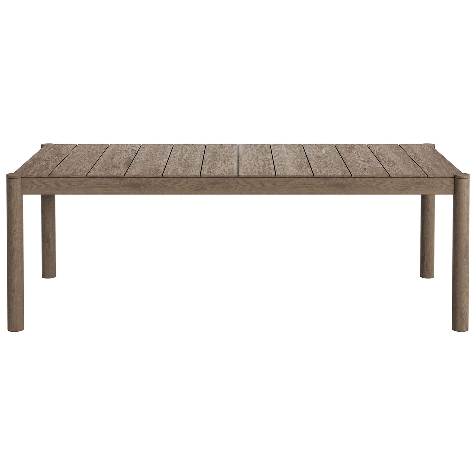 Eleni weathered gray teak outdoor dining table with elongated slatted top and softly rounded posts || EEI-7562-WGR || front_studio