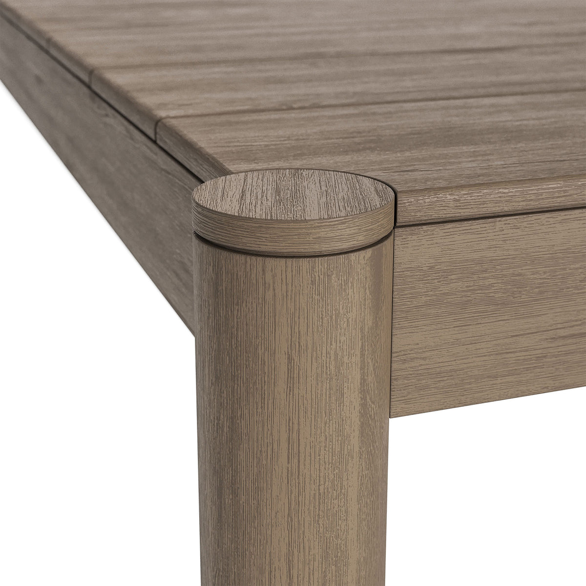 Rounded corner post and smooth joinery detail in weathered gray teak on the Eleni dining table || EEI-7562-WGR || leg_studio