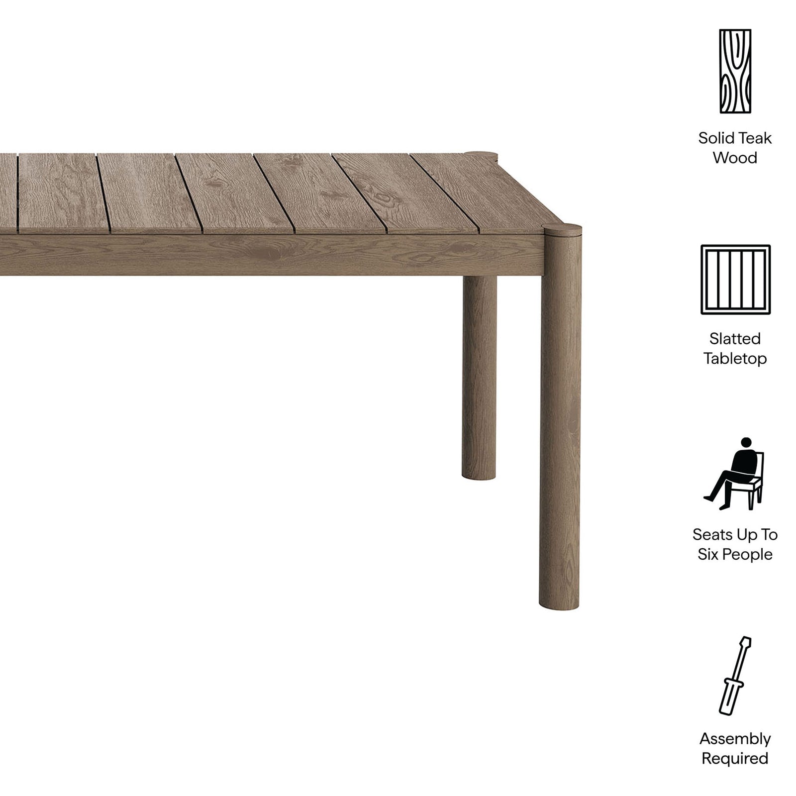 Key features of the Eleni weathered gray teak dining table including solid wood build and seating for six || EEI-7562-WGR || callout_studio