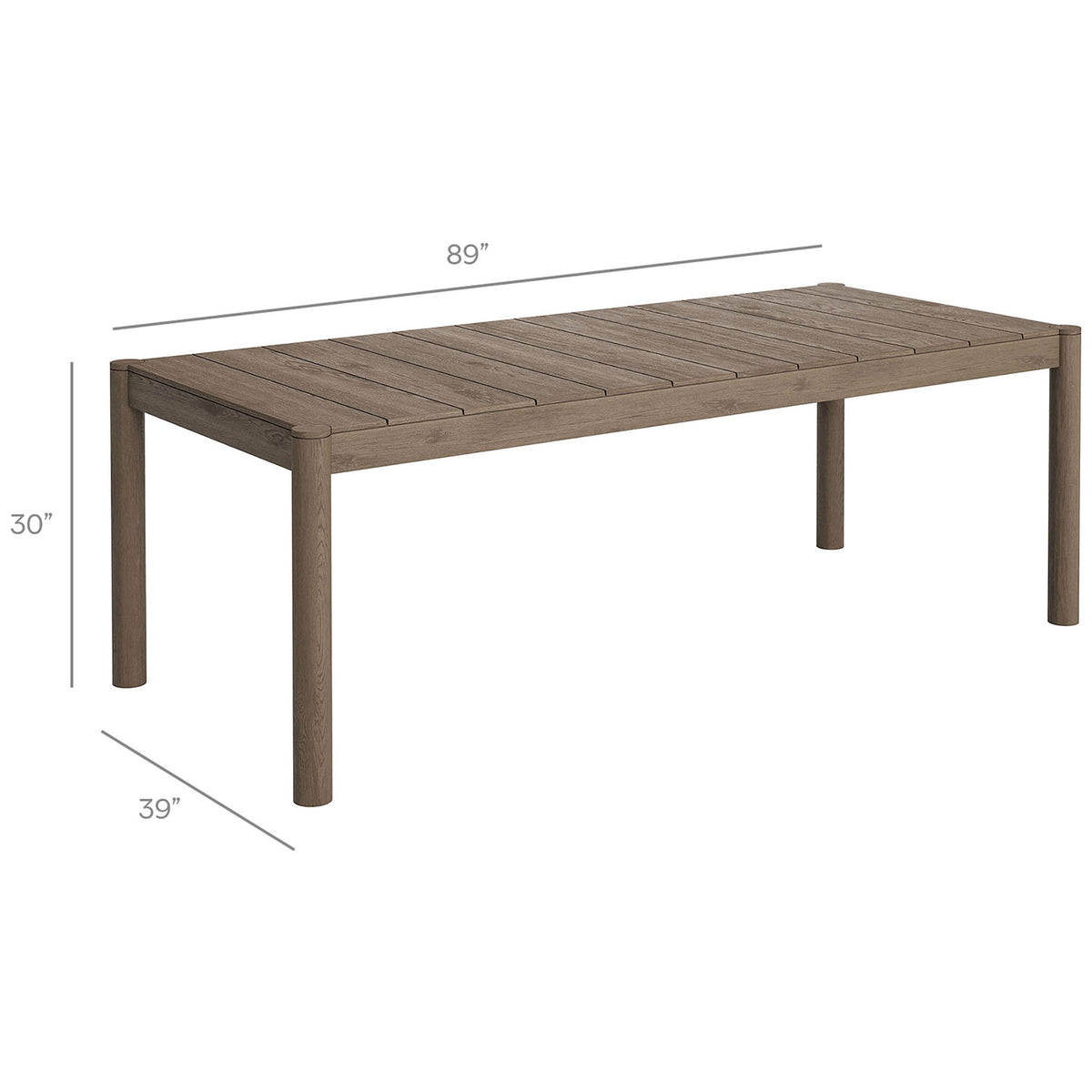 Dimensions of the Eleni weathered gray outdoor dining table highlighting 89 by 39 inch footprint and 30 inch height || EEI-7562-WGR || dimension_studio