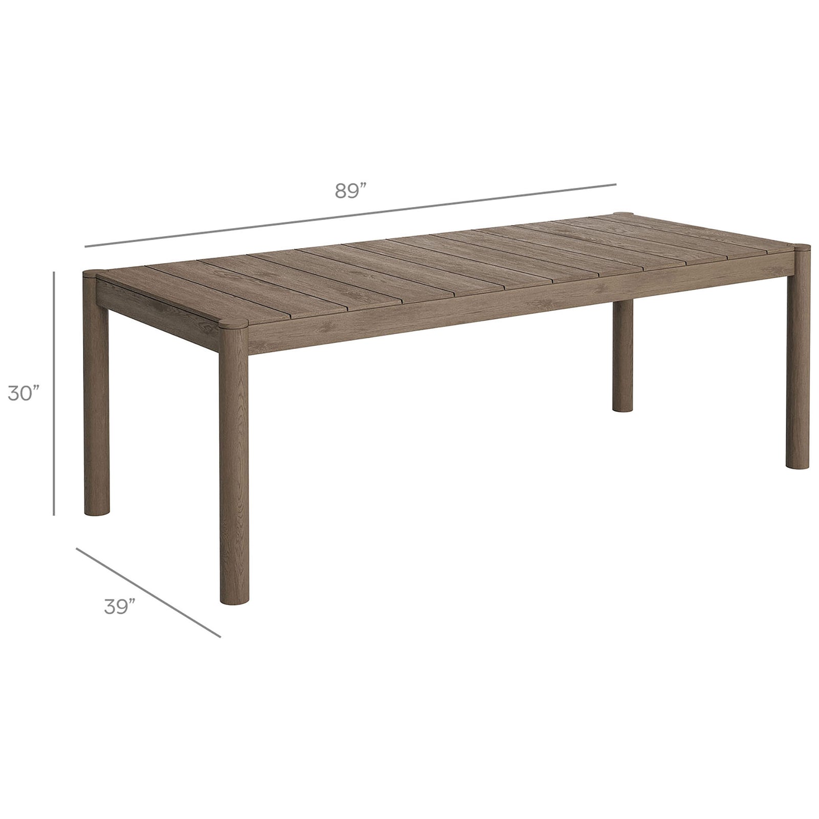 Dimensions of the Eleni weathered gray outdoor dining table highlighting 89 by 39 inch footprint and 30 inch height || EEI-7562-WGR || dimension_studio
