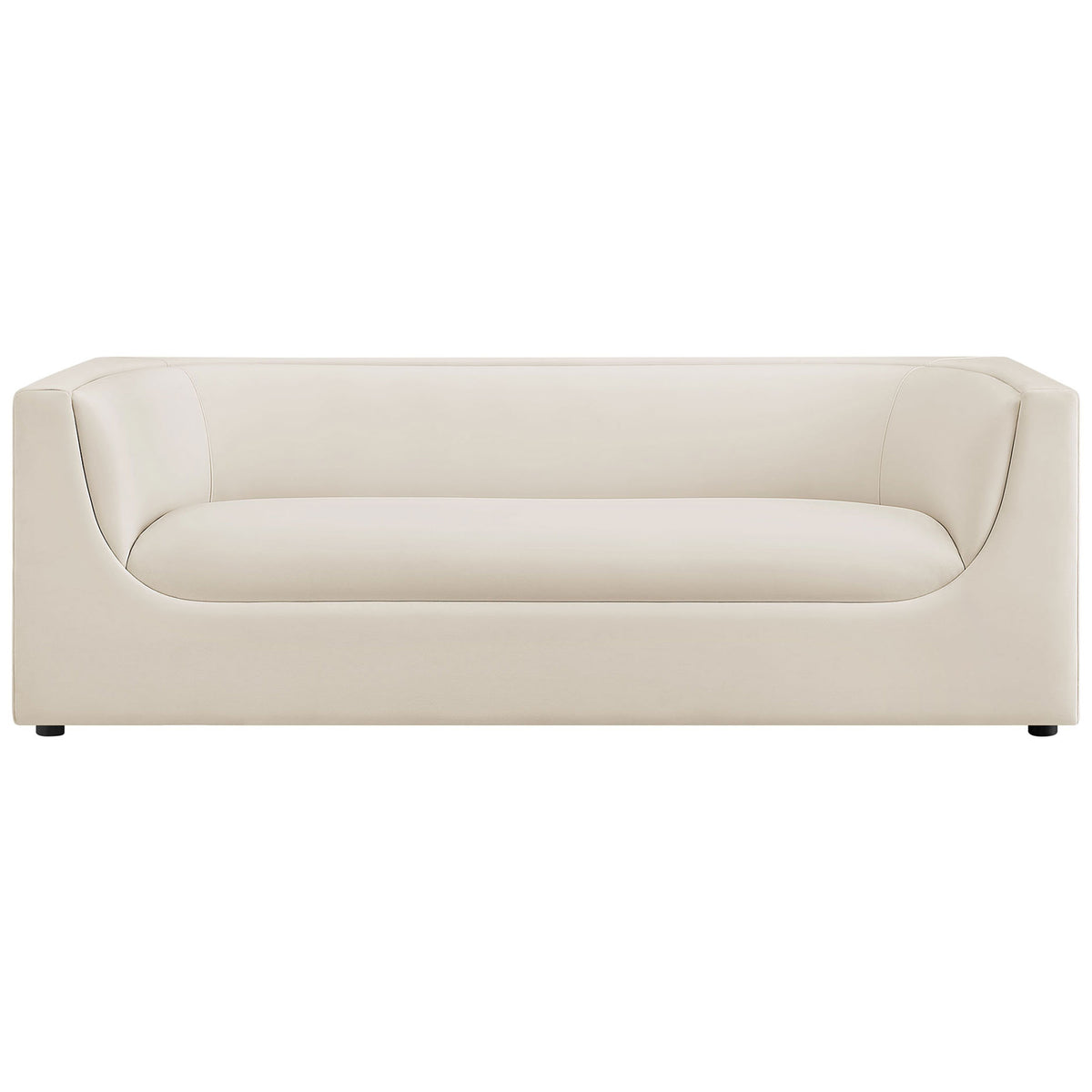 Curved back alabaster velvet sofa with deep bench seat and tailored modern silhouette. || EEI-7564-ALA || front_studio