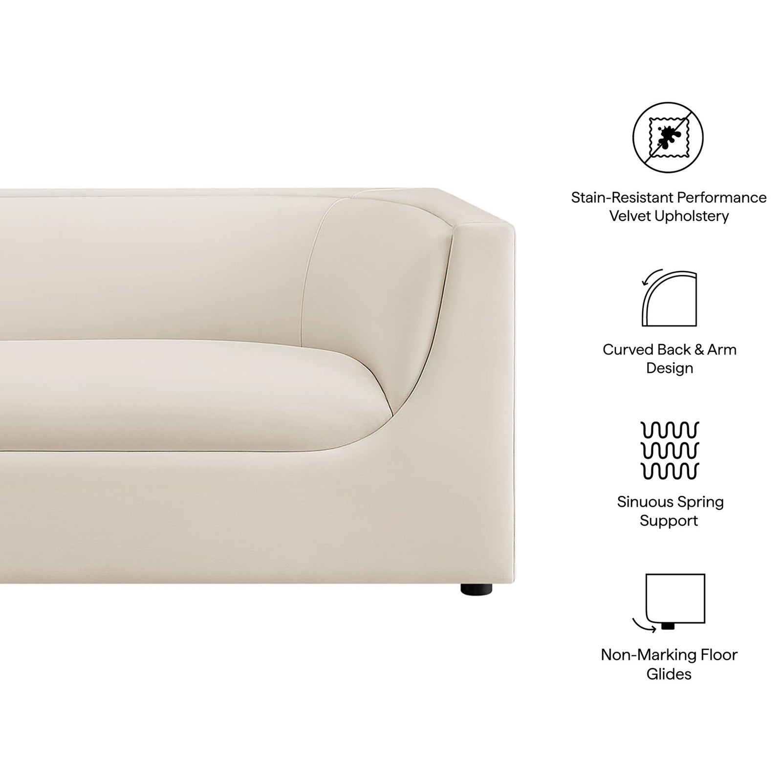 Feature callouts showcase the stain resistant velvet, curved back design, springs, and floor glides. || EEI-7564-ALA || callout_studio