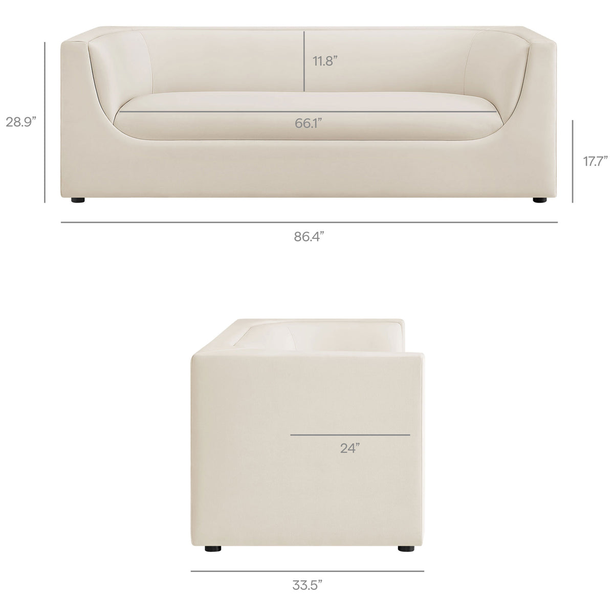 Dimension diagram displays the sofa's overall width, depth, height, and generous seating area. || EEI-7564-ALA || dimension_studio