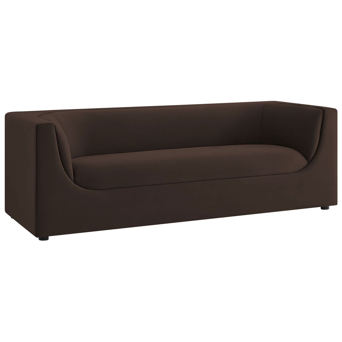 Modern Hilda performance velvet sofa in rich chocolate brown with gently curved arms and spacious seating. || EEI-7564-CHB || front_angle_studio
