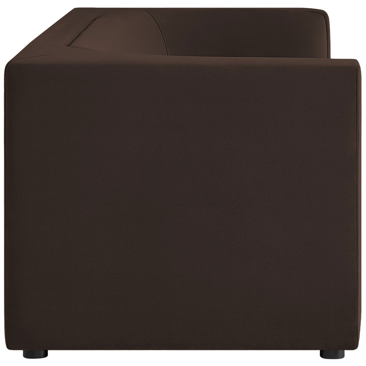 Streamlined block arms and tailored silhouette of the chocolate brown Hilda performance velvet sofa. || EEI-7564-CHB || side_studio