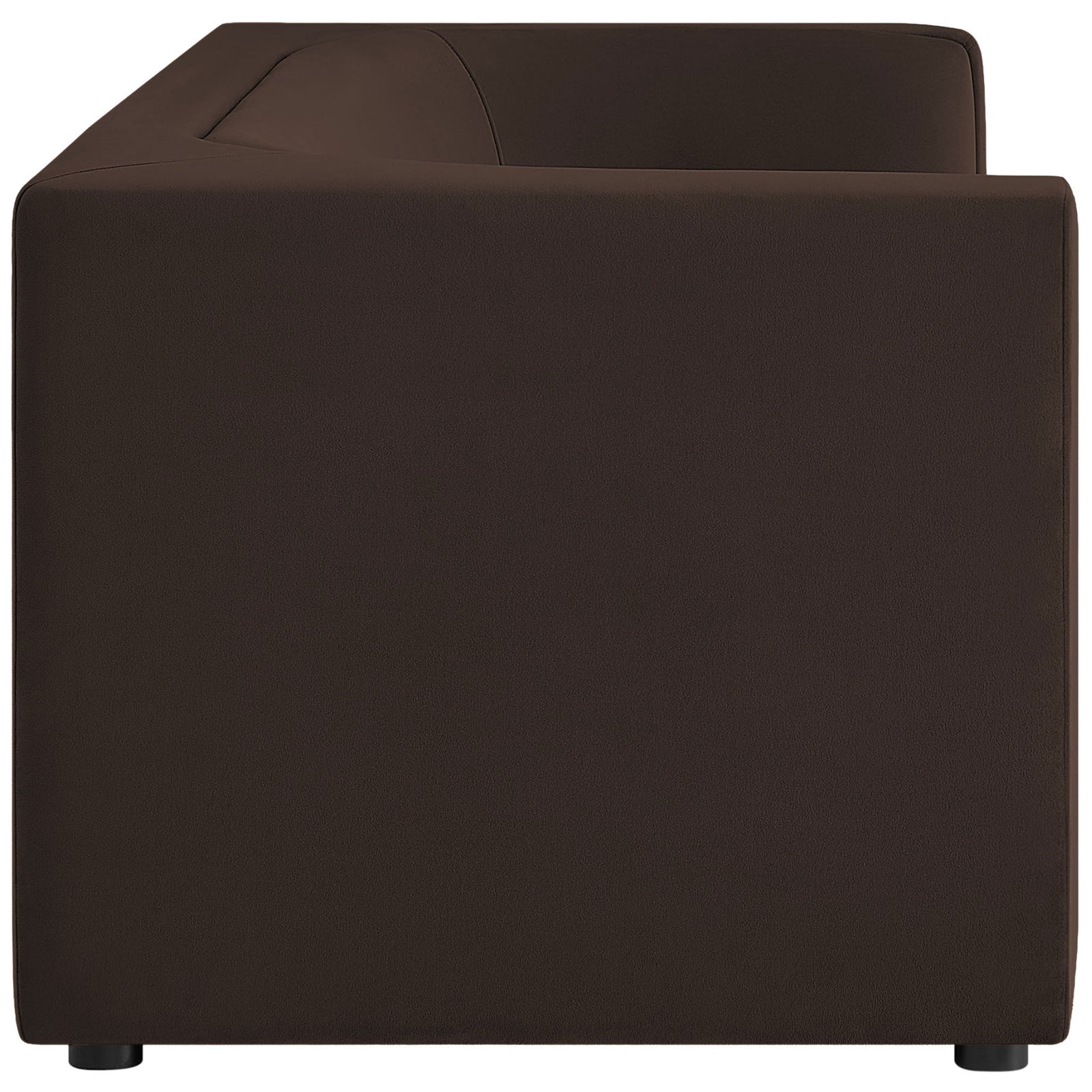 Streamlined block arms and tailored silhouette of the chocolate brown Hilda performance velvet sofa. || EEI-7564-CHB || side_studio