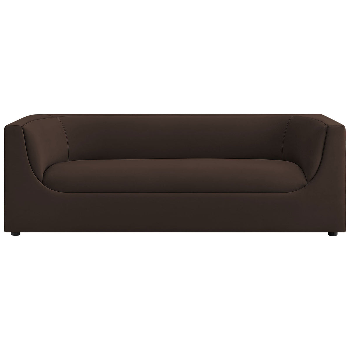 Chocolate brown Hilda velvet sofa with curved back, deep bench seat, and low modern silhouette. || EEI-7564-CHB || front_studio