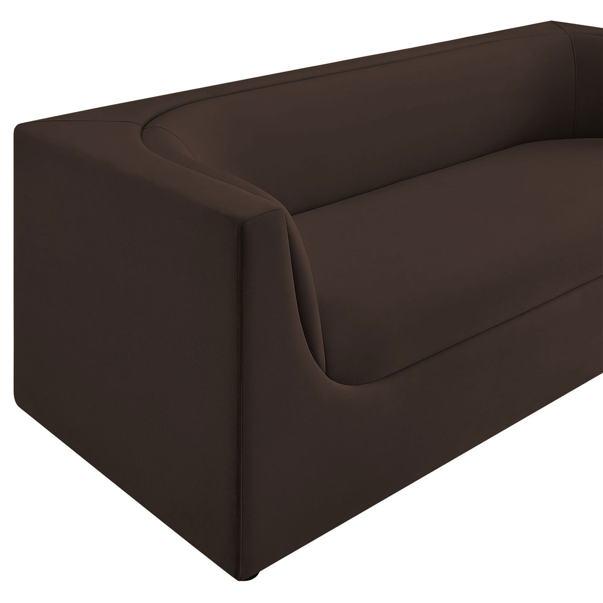 Sculpted arm design and neatly tailored seams highlight the modern craftsmanship of this velvet sofa. || EEI-7564-CHB || detail_studio