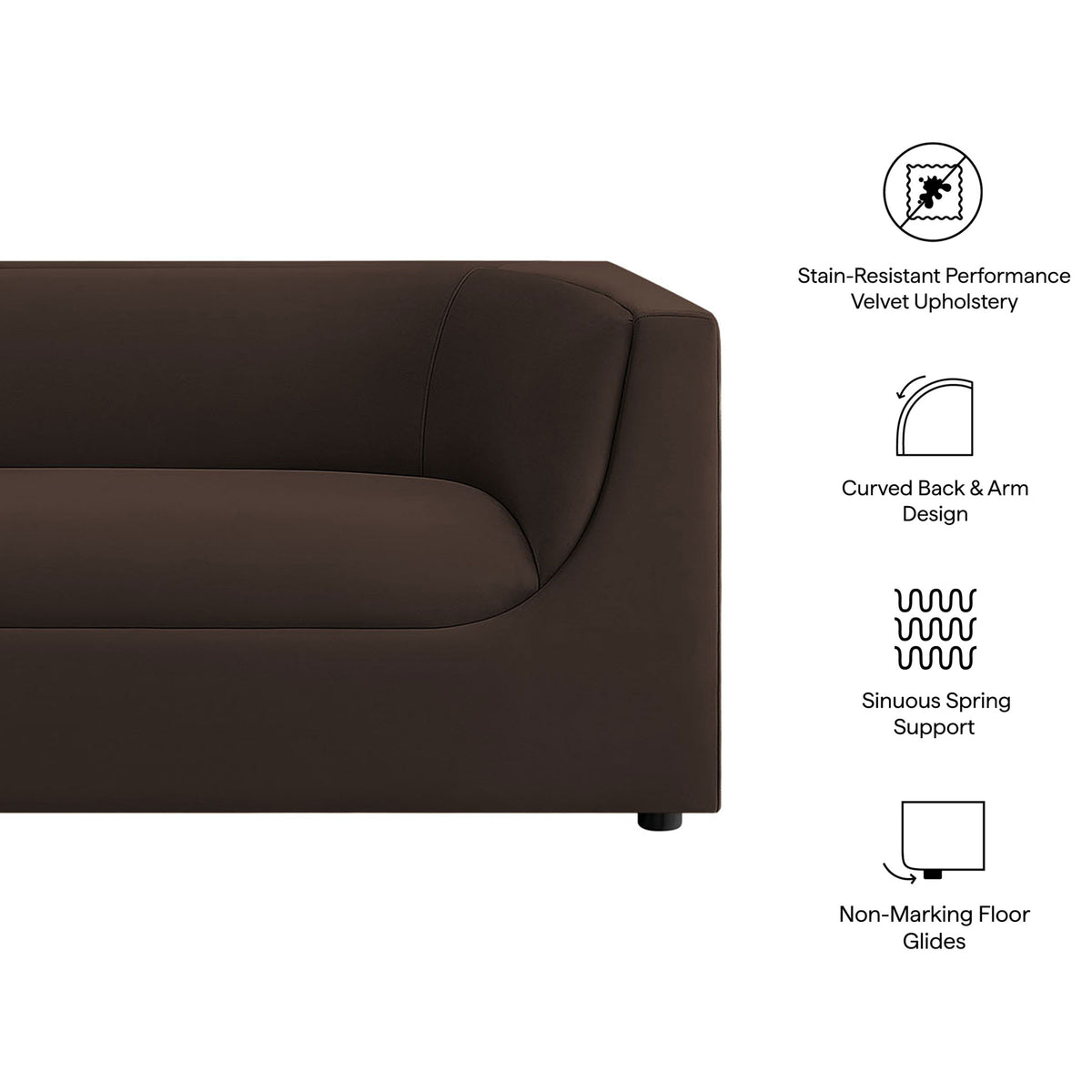 Feature graphic for the Hilda sofa showing stain resistant velvet, curved back, spring support, and floor glides. || EEI-7564-CHB || callout_studio