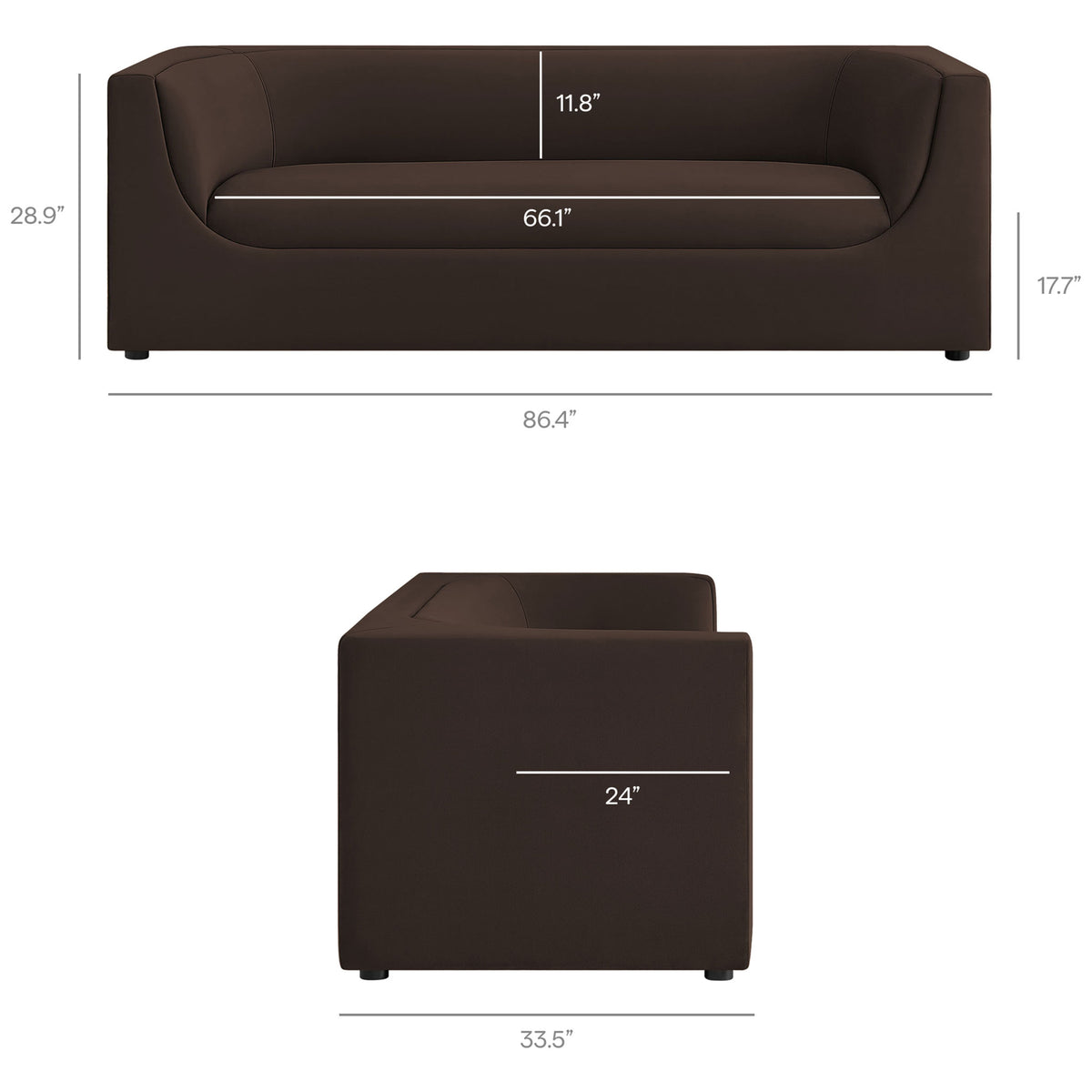 Dimension guide for the Hilda 86 inch chocolate brown velvet sofa with key seat and overall measurements. || EEI-7564-CHB || dimension_studio