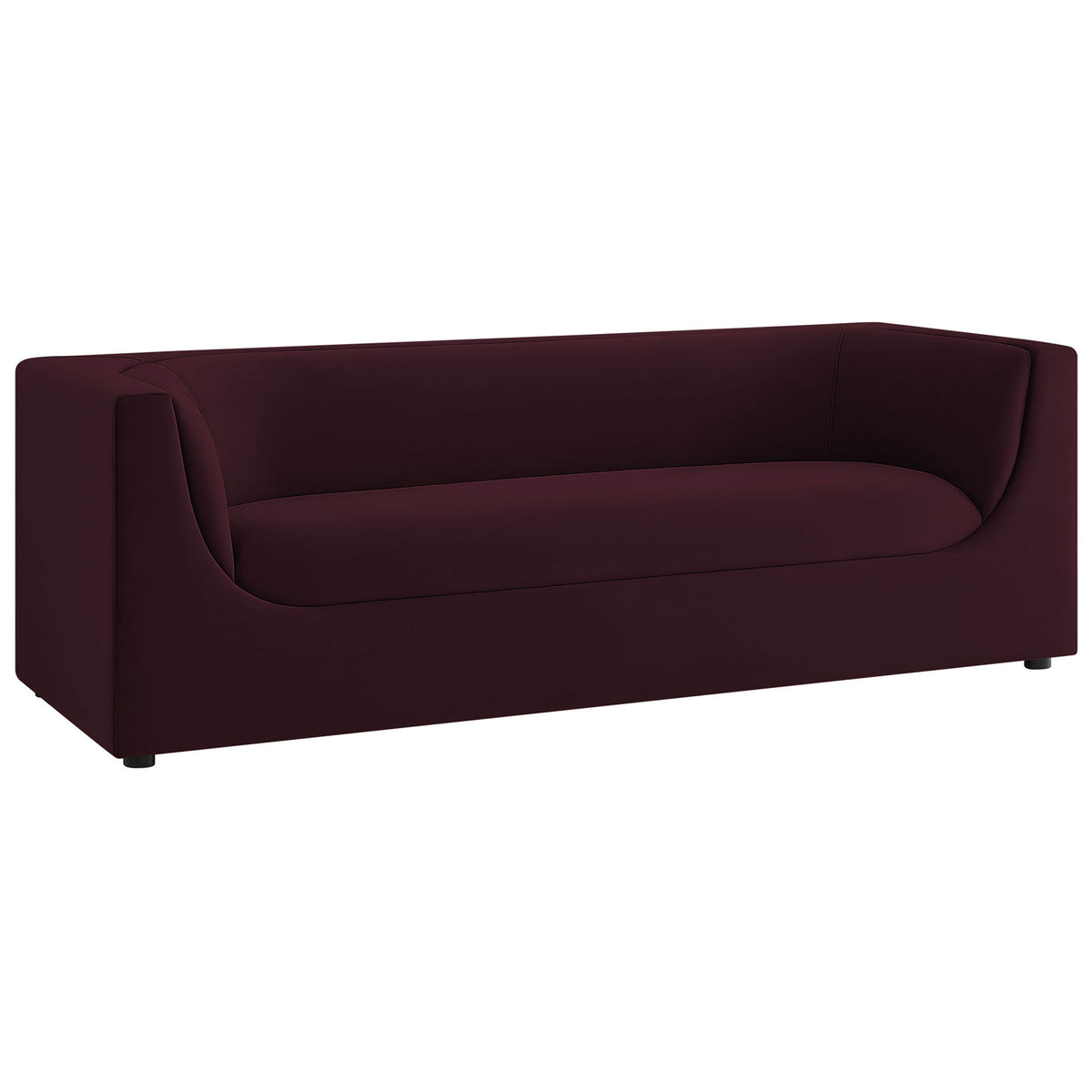 Modern mulberry velvet sofa highlighting the wrapped back and gently curved arms || EEI-7564-MUL || front_angle_studio