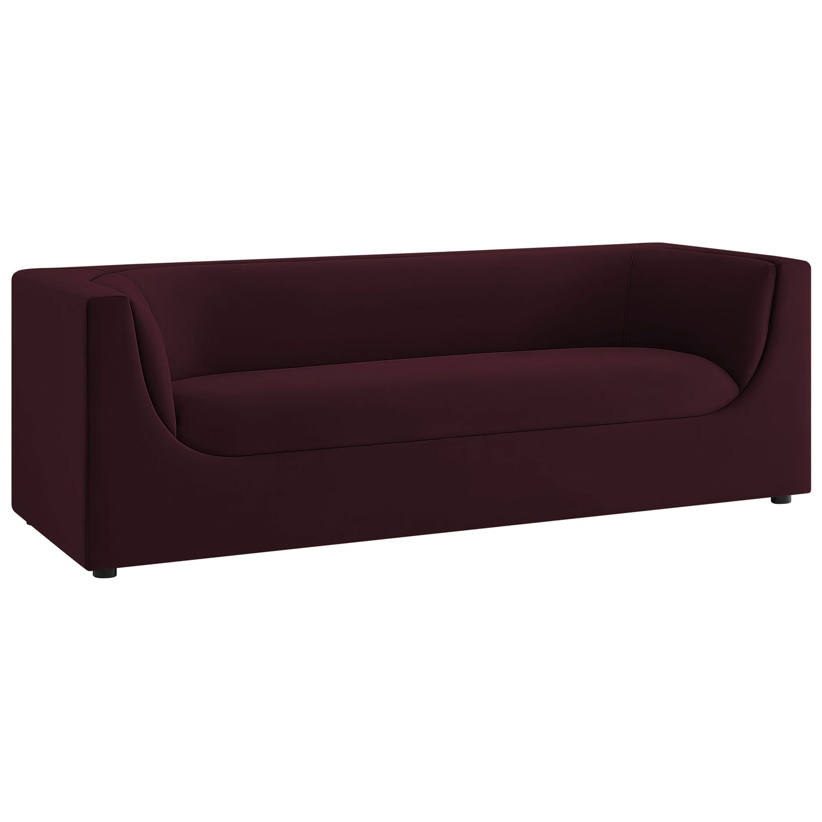 Modern mulberry velvet sofa highlighting the wrapped back and gently curved arms || EEI-7564-MUL || front_angle_studio