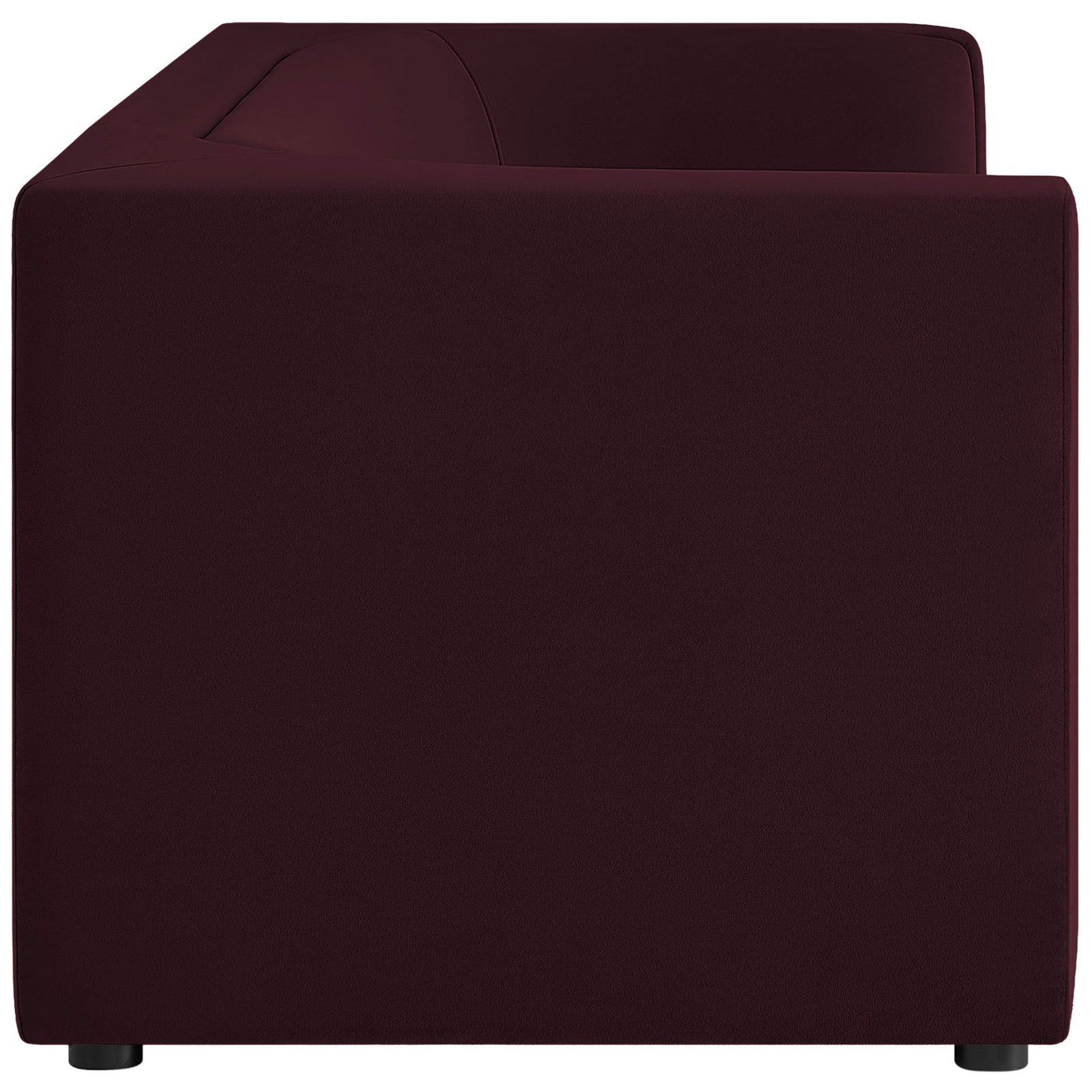 Mulberry velvet sofa side profile with clean, squared arm and low, modern silhouette || EEI-7564-MUL || side_studio