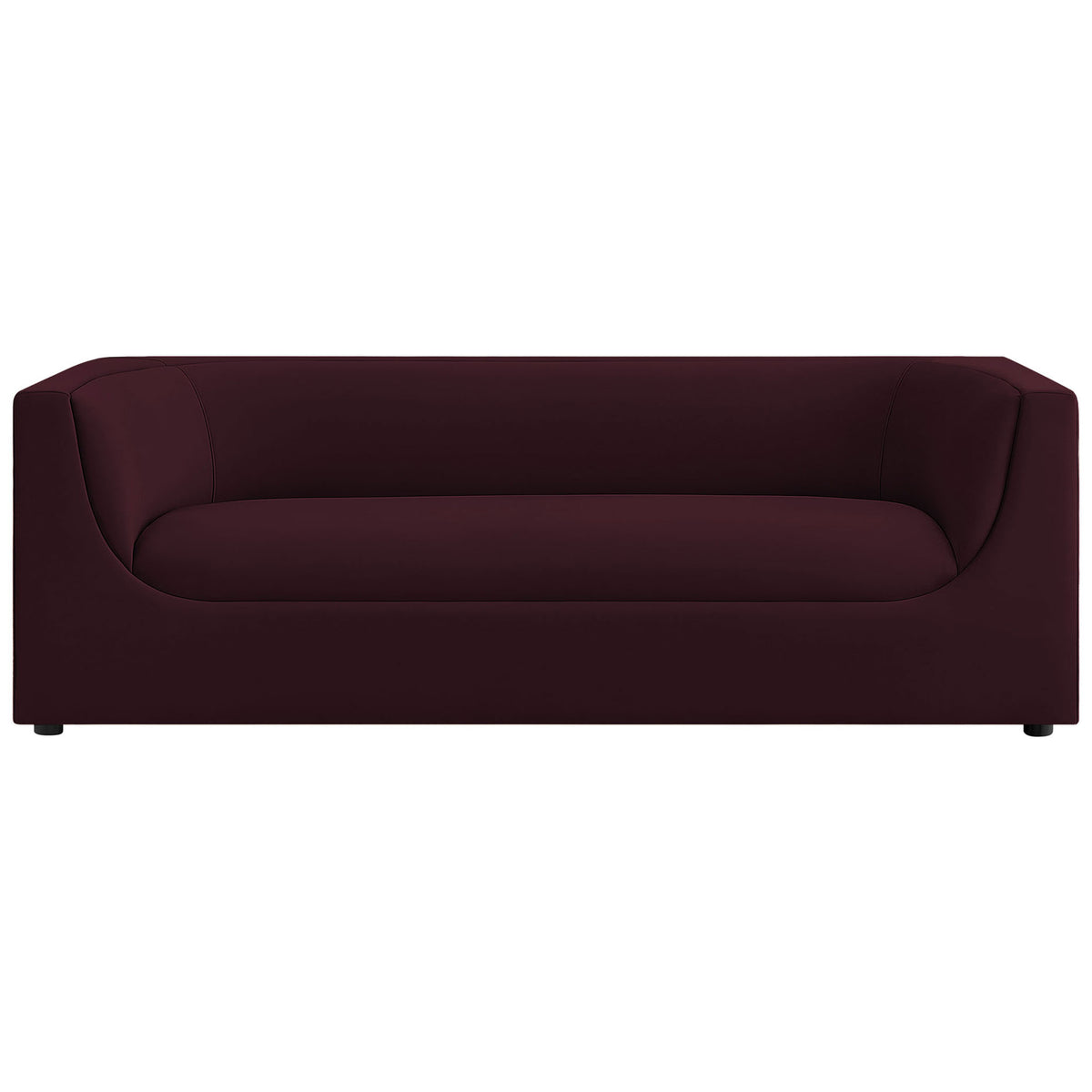 Sculptural mulberry velvet sofa with continuous curved back and deep, cushioned seat || EEI-7564-MUL || front_studio