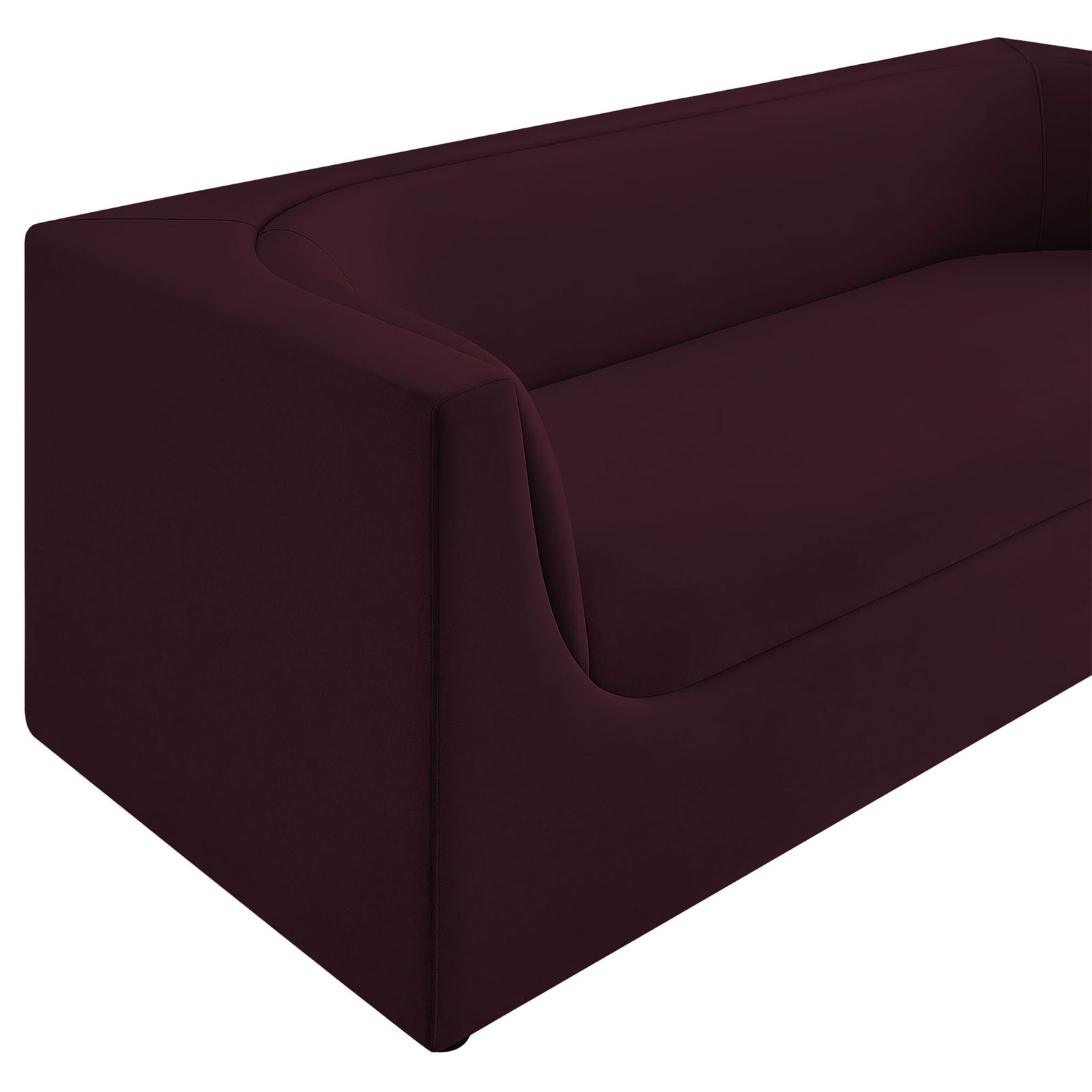 Sculpted arm of the Hilda mulberry velvet sofa with smooth, seamless upholstery and soft curves || EEI-7564-MUL || detail_studio
