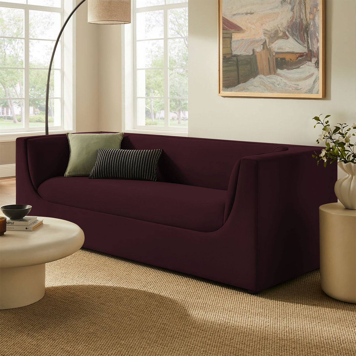 Mulberry Hilda velvet sofa in a bright living room, paired with neutral decor for a modern, inviting look || EEI-7564-MUL || front_angle_room