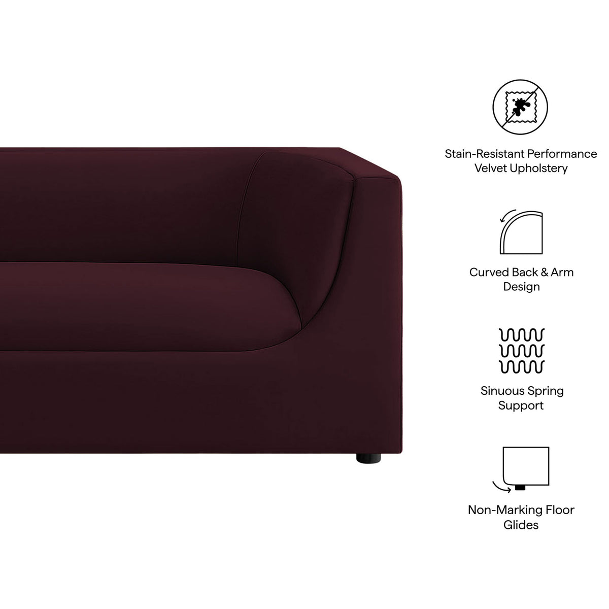 Hilda mulberry velvet sofa with stain-resistant upholstery, curved back design, and non-marking floor glides || EEI-7564-MUL || callout_studio