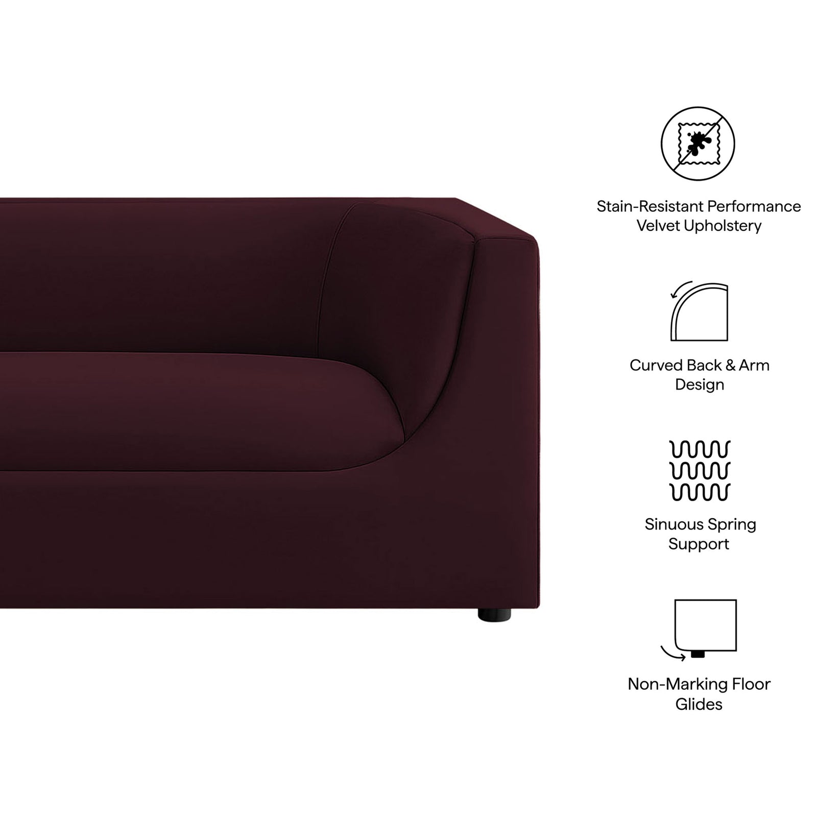 Hilda mulberry velvet sofa with stain-resistant upholstery, curved back design, and non-marking floor glides || EEI-7564-MUL || callout_studio