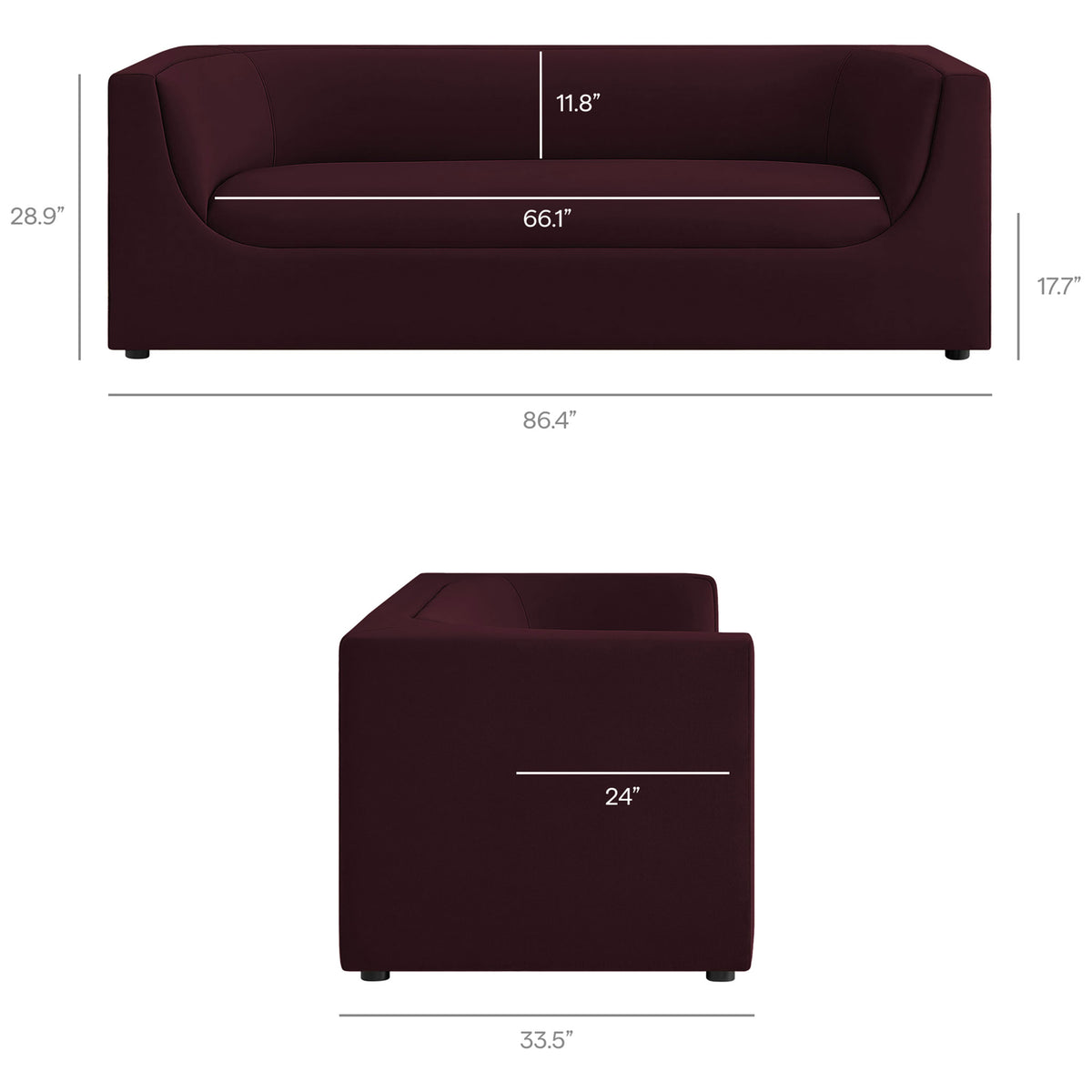 Hilda mulberry velvet sofa with labeled seat height, depth, and overall dimensions for easy planning || EEI-7564-MUL || dimension_studio