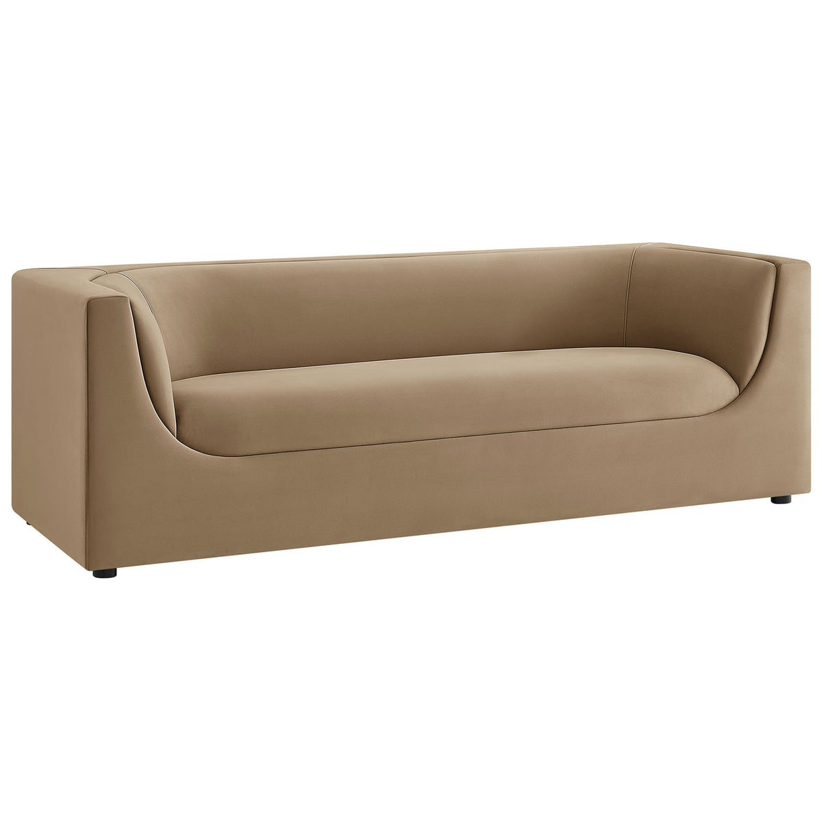 Low-profile taupe velvet sofa with deep cushioned seat and flowing wraparound arms for a sleek modern look || EEI-7564-TAU || front_angle_studio