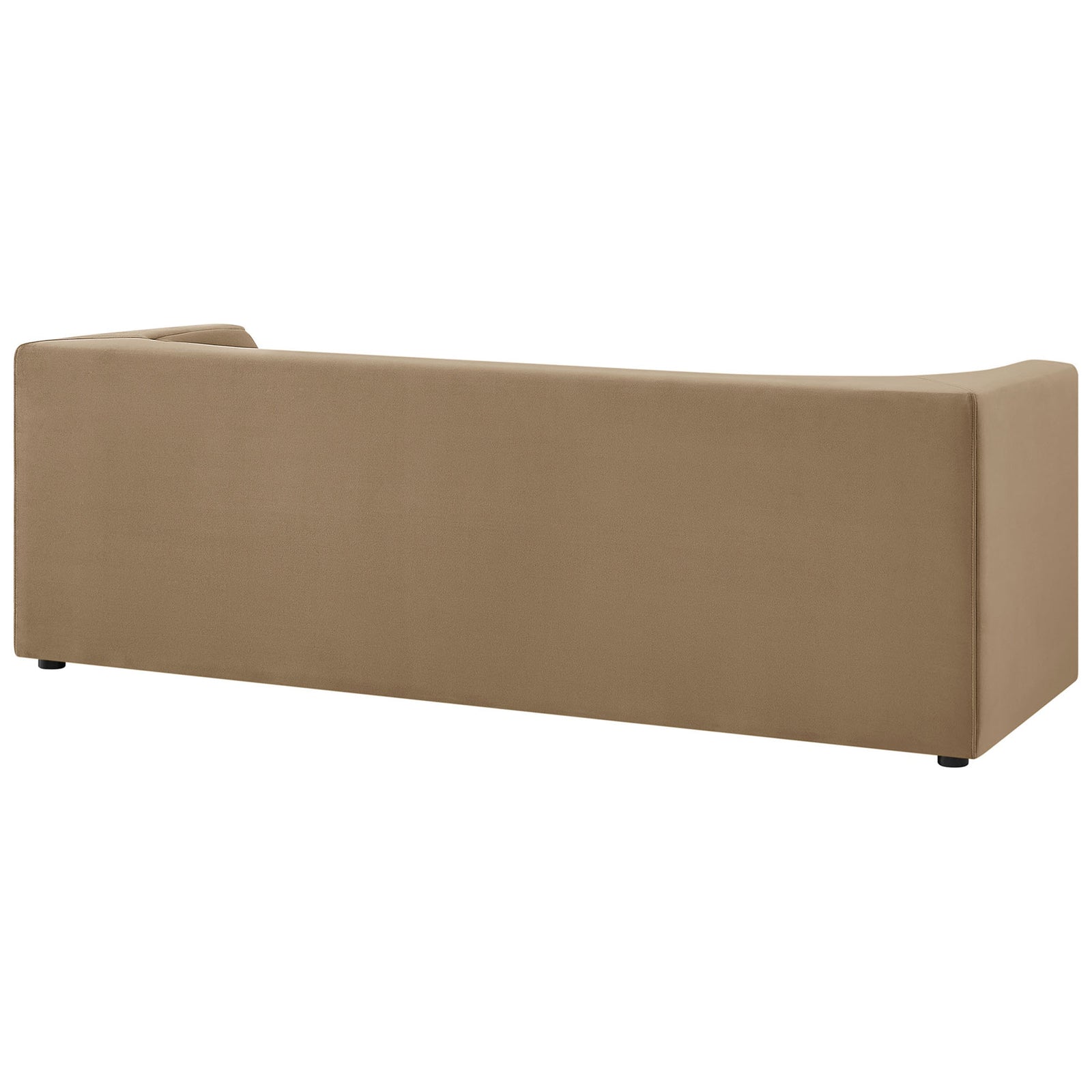 Smooth continuous back of the taupe velvet sofa showcasing its gently curved modern silhouette || EEI-7564-TAU || back_studio