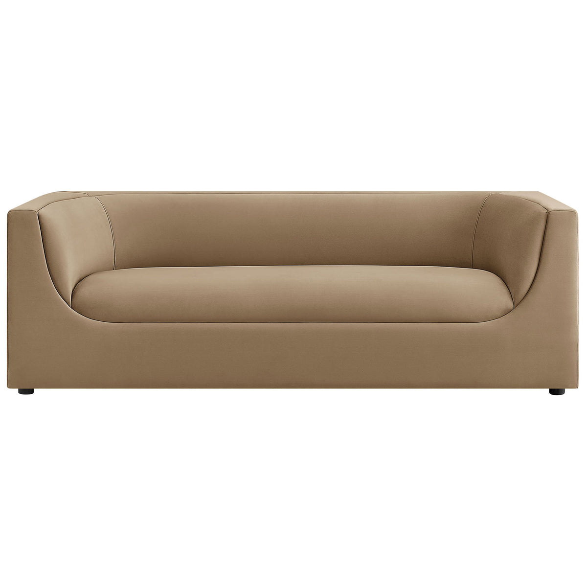 Taupe performance velvet sofa with continuous bench seat and sculpted curved back for modern living rooms || EEI-7564-TAU || front_studio