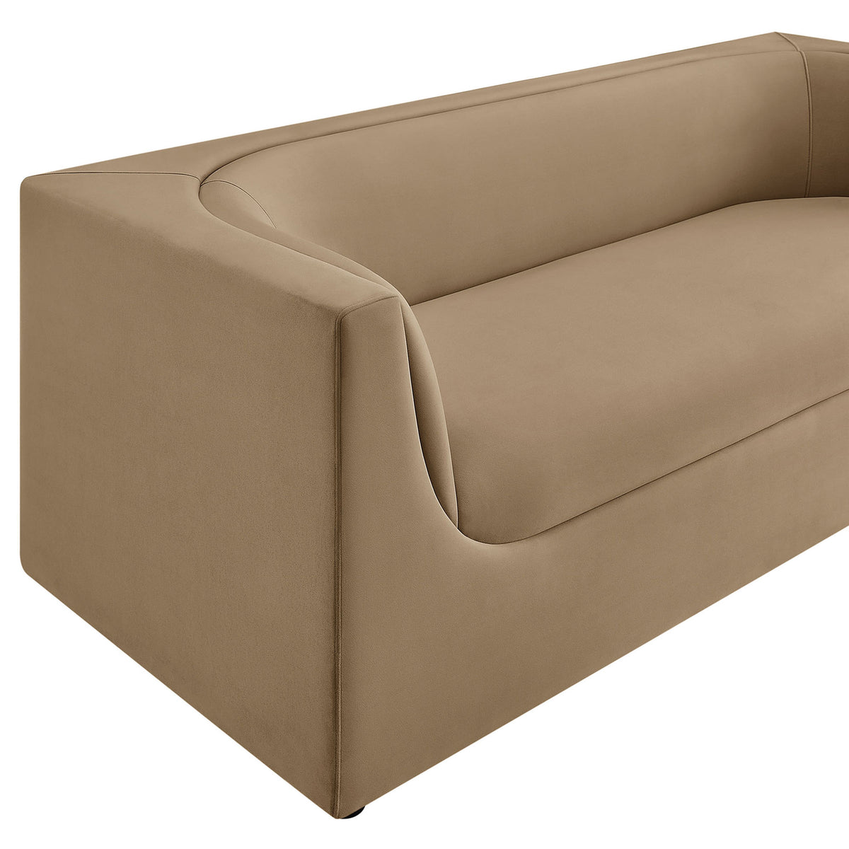 Sculpted arm and back detail on the taupe performance velvet sofa with clean tailored seams || EEI-7564-TAU || detail_studio