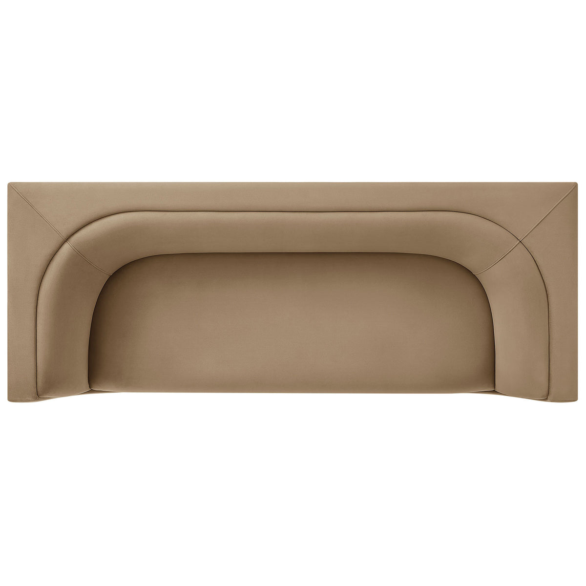 Curved wraparound sofa design in taupe velvet highlighting the generous bench seat and cozy lounge feel || EEI-7564-TAU || top_studio