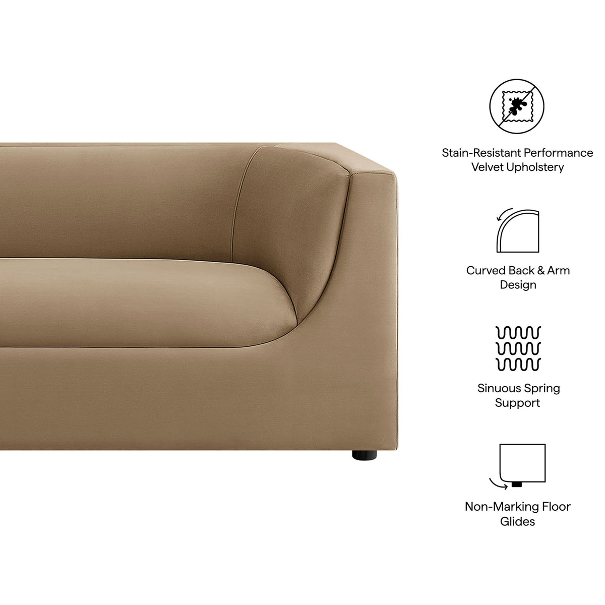 Feature highlights of the taupe Hilda sofa, including stain-resistant velvet and curved back with modern support || EEI-7564-TAU || callout_studio