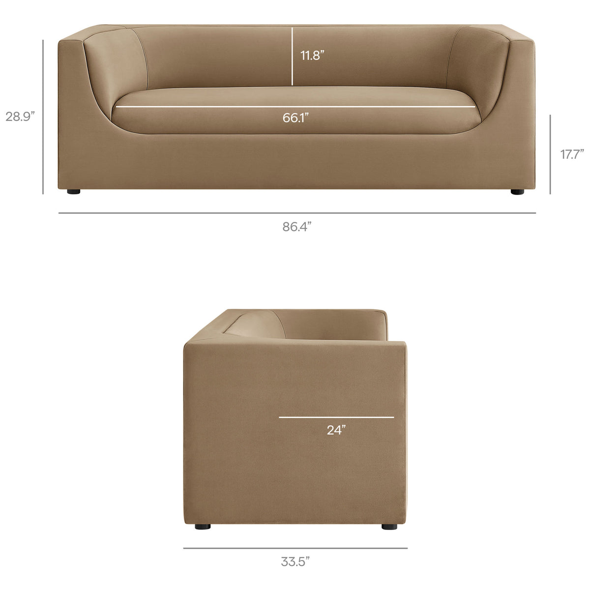 Dimensions of the Hilda taupe velvet sofa showing generous seating width and low, lounge-ready profile || EEI-7564-TAU || dimension_studio