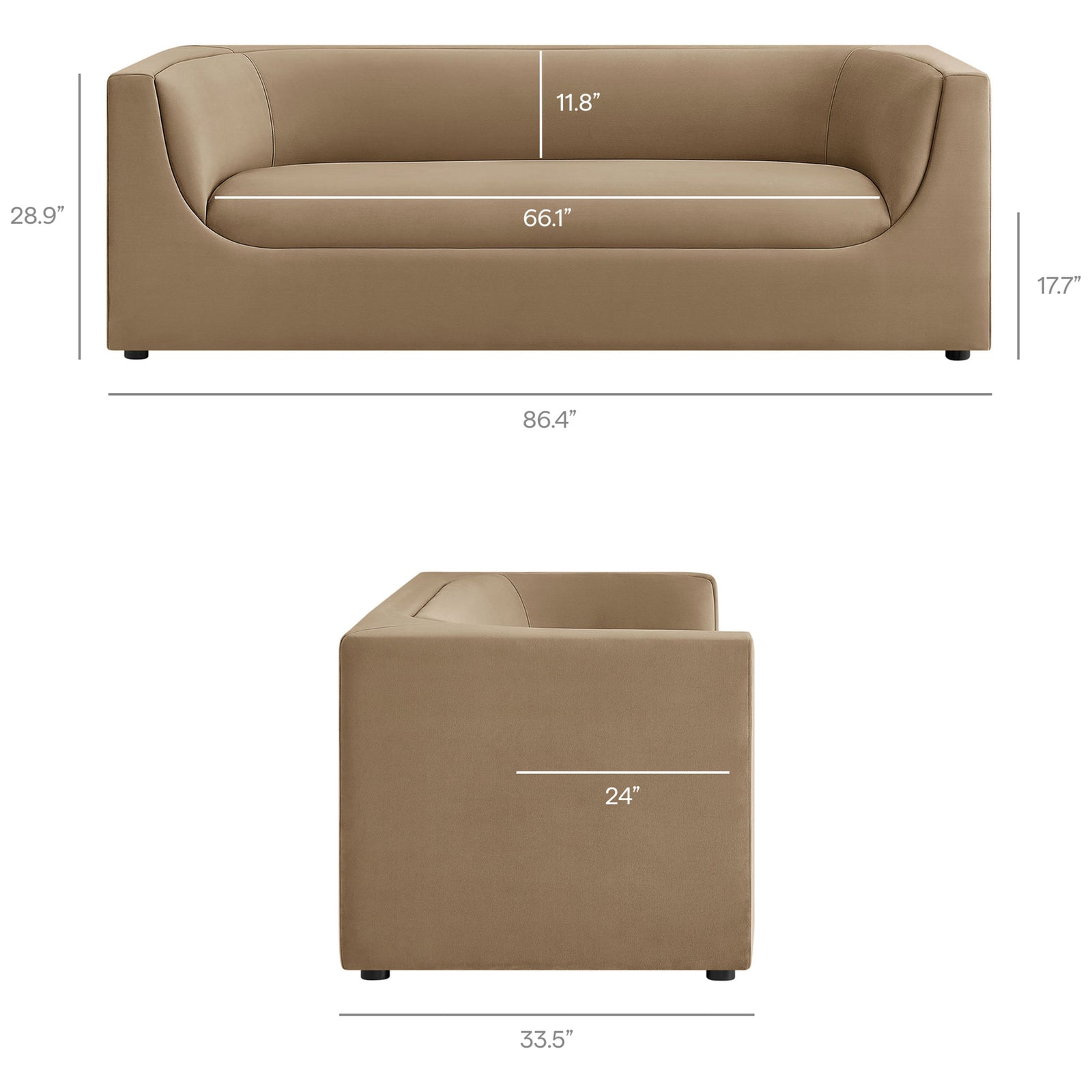 Dimensions of the Hilda taupe velvet sofa showing generous seating width and low, lounge-ready profile || EEI-7564-TAU || dimension_studio