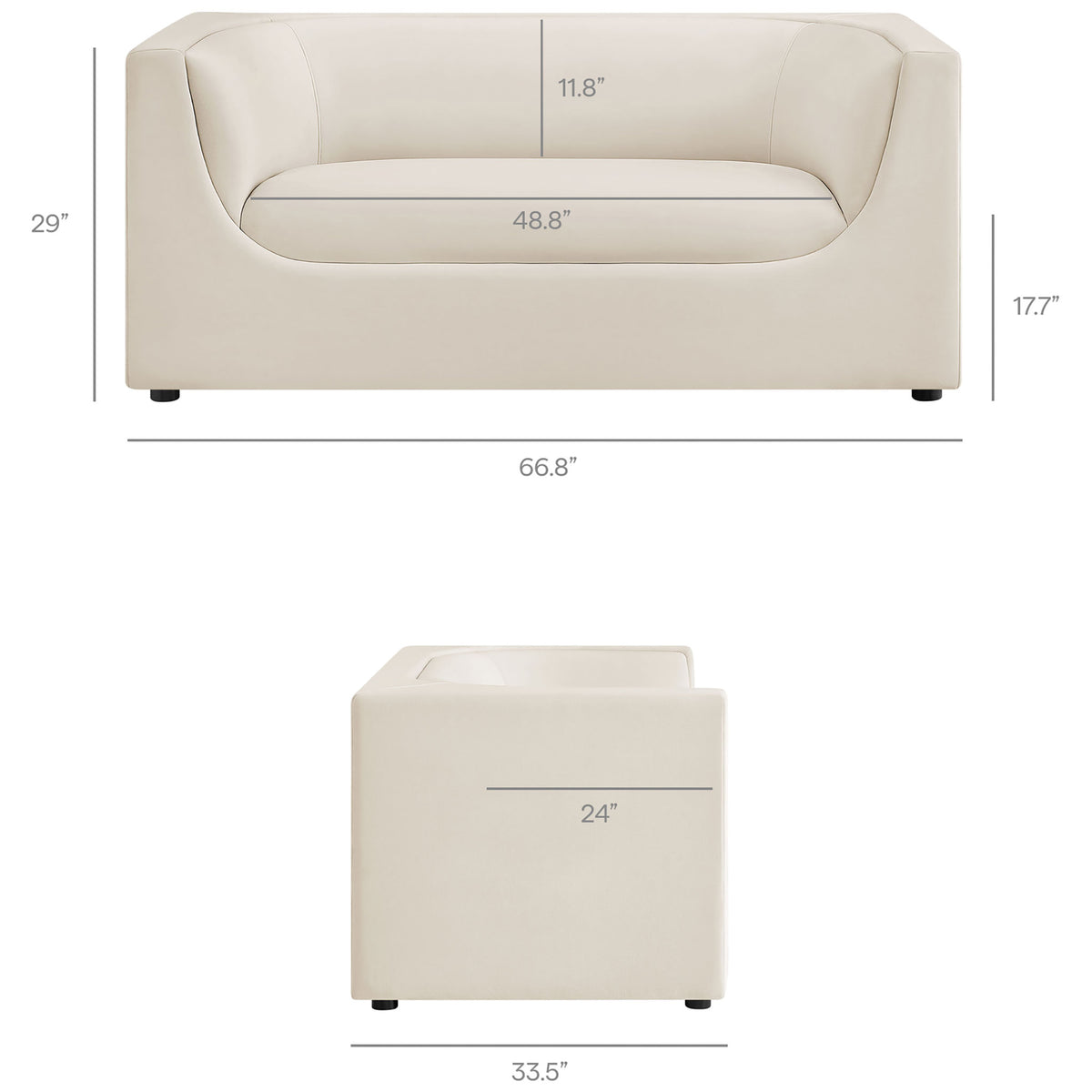 Dimension diagram of the Hilda loveseat showing width, depth, height, and seat height measurements || EEI-7565-ALA || dimension_studio