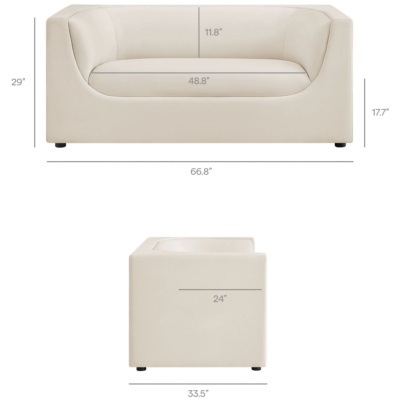 Dimension diagram of the Hilda loveseat showing width, depth, height, and seat height measurements || EEI-7565-ALA || dimension_studio