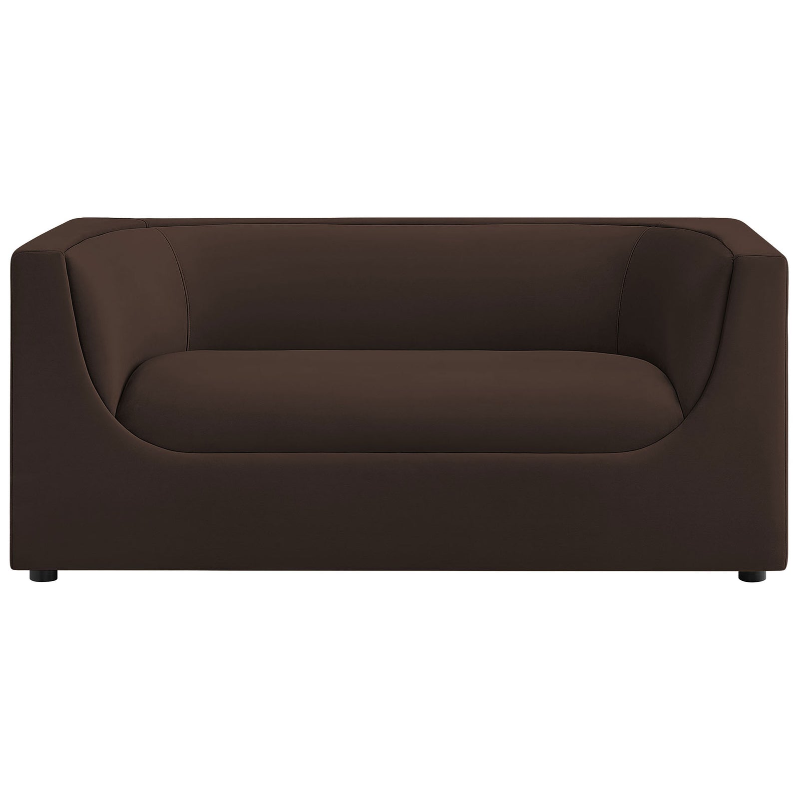 Modern chocolate brown velvet loveseat with curved arms and deep cushioned seat for relaxed lounging || EEI-7565-CHB || front_studio