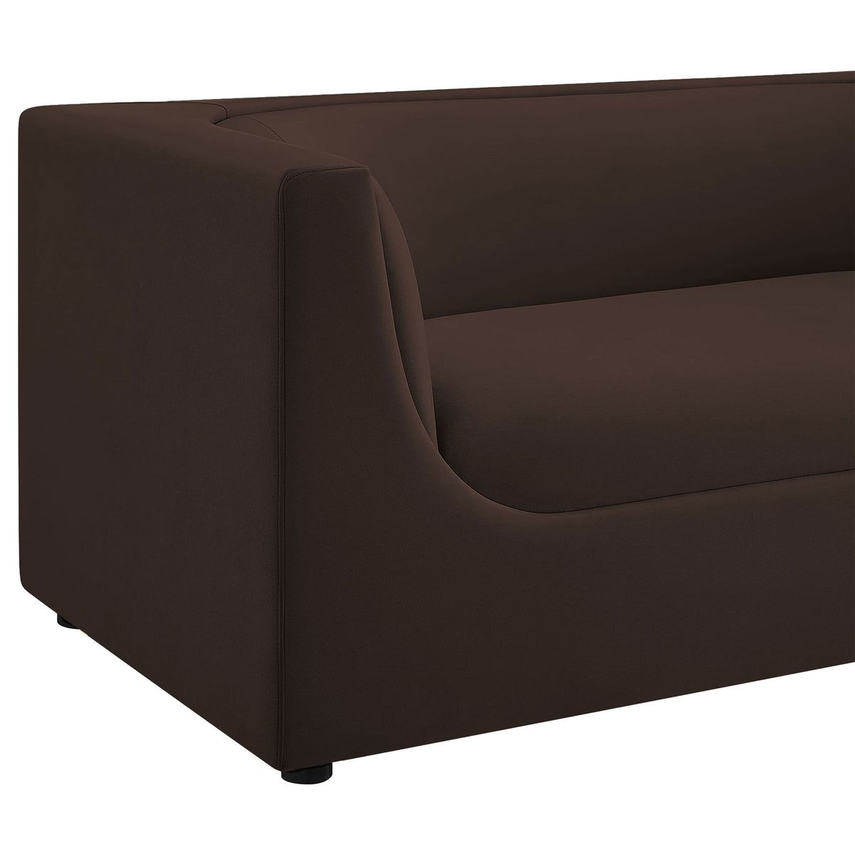 Detail of the loveseat's smooth curved arm and thick seat cushion in chocolate brown performance velvet || EEI-7565-CHB || detail_studio