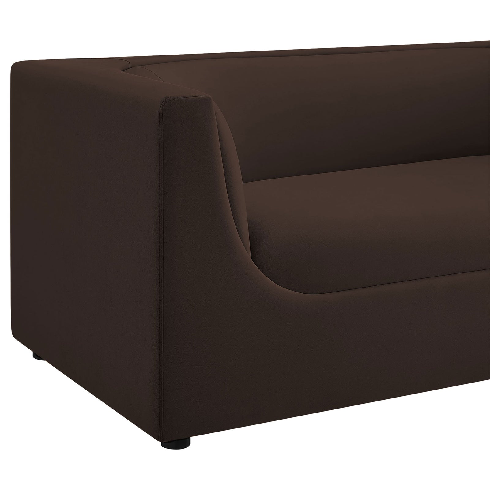 Detail of the loveseat's smooth curved arm and thick seat cushion in chocolate brown performance velvet || EEI-7565-CHB || detail_studio