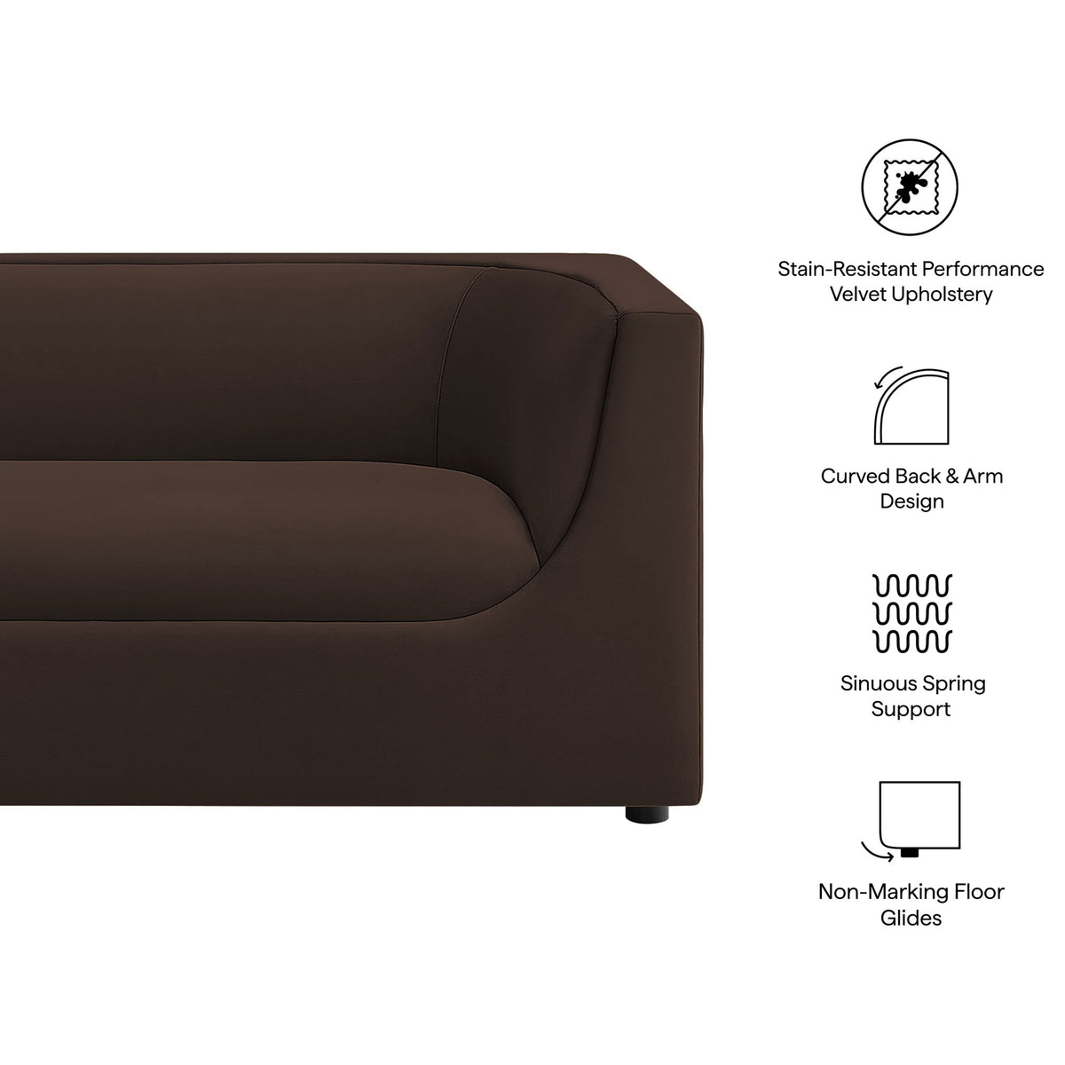 Feature graphic highlighting stain-resistant velvet, curved back design, spring support, and floor-safe glides || EEI-7565-CHB || callout_studio